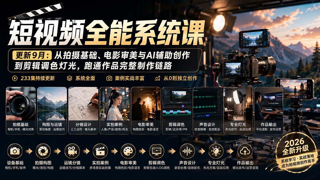 短视频全能系统课-更新8月233集:从拍摄基础、电影审美与AI辅助创作到剪辑调色灯光,跑通作品完整制作链路-创学资源站