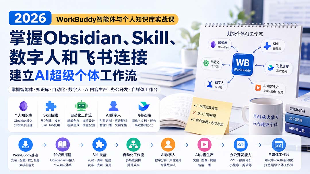 2026 WorkBuddy智能体与个人知识库实战课：掌握Obsidian、Skill、数字人和飞书连接，建立AI超级个体工作流-创学资源站
