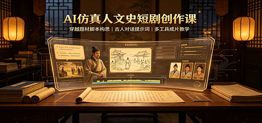 AI仿真人文史短剧创作课：穿越题材脚本构思，古人对话提示词，多工具成片教学-创学资源站