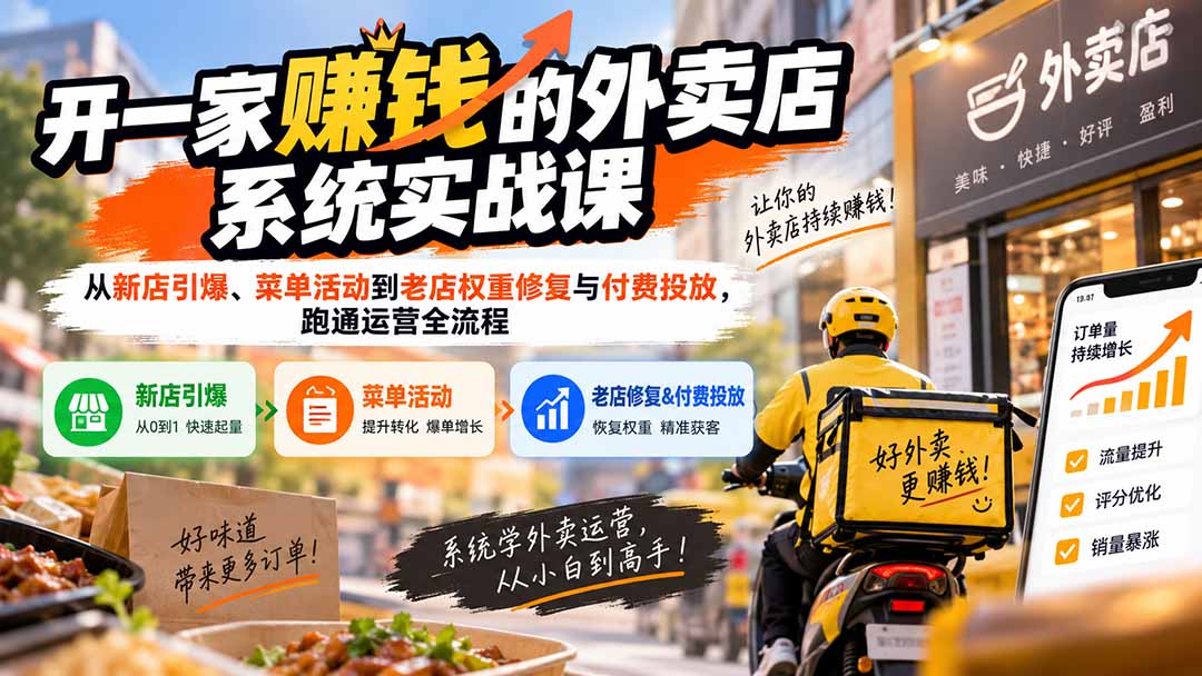 开一家赚钱的外卖店系统实战课：从新店引爆、菜单活动到老店权重修复与付费投放，跑通运营全流程-创学资源站