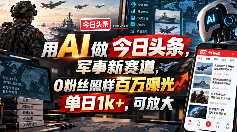 用AI做今日头条，军事新赛道，0粉丝照样百万曝光，单日1k+，可放大-创学资源站