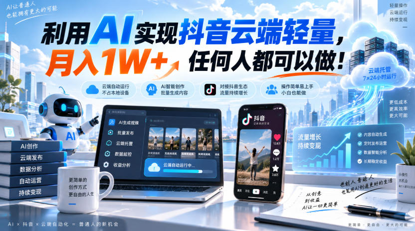 利用AI实现抖音云端轻量，月入1W+，任何人都可以做！【揭秘】-创学资源站