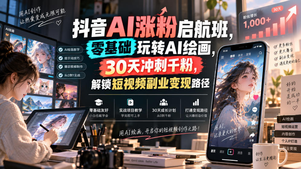 抖音AI涨粉启航班,零基础玩转AI绘画,30天冲刺千粉,解锁短视频副业变现路径-创学资源站