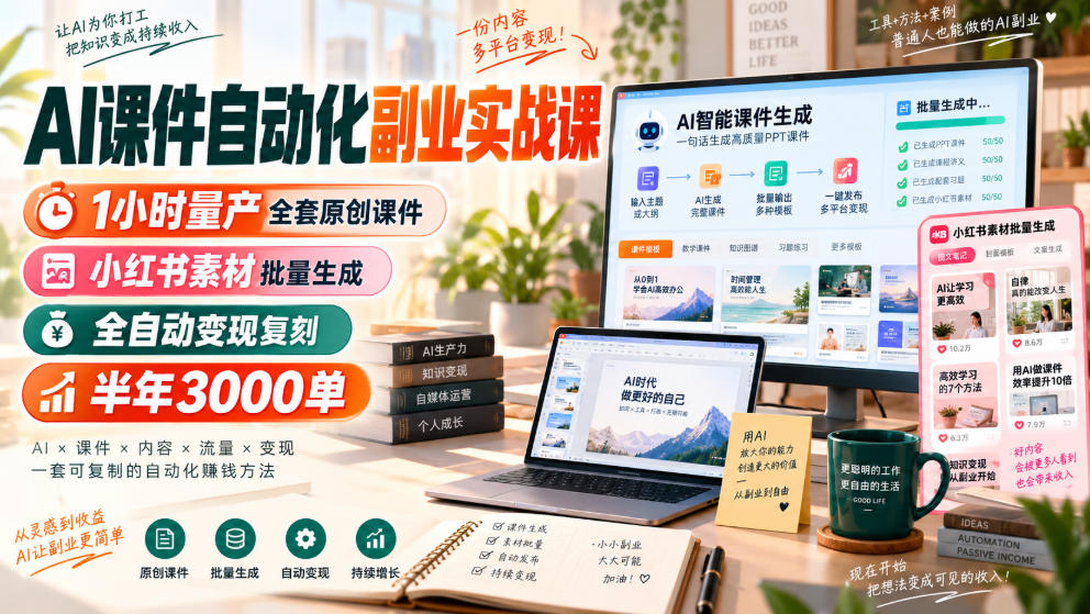 AI课件自动化副业实战课，1小时量产全套原创课件，小红书素材批量生成，全自动变现复刻，半年3000单-创学资源站