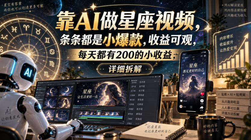 靠AI做星座视频，条条都是小爆款，收益可观，每天都有200的小收益，详细拆解-创学资源站