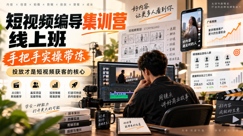 短视频编导集训营线上班，手把手实操带冻，投放才是短视频获客的核心-创学资源站