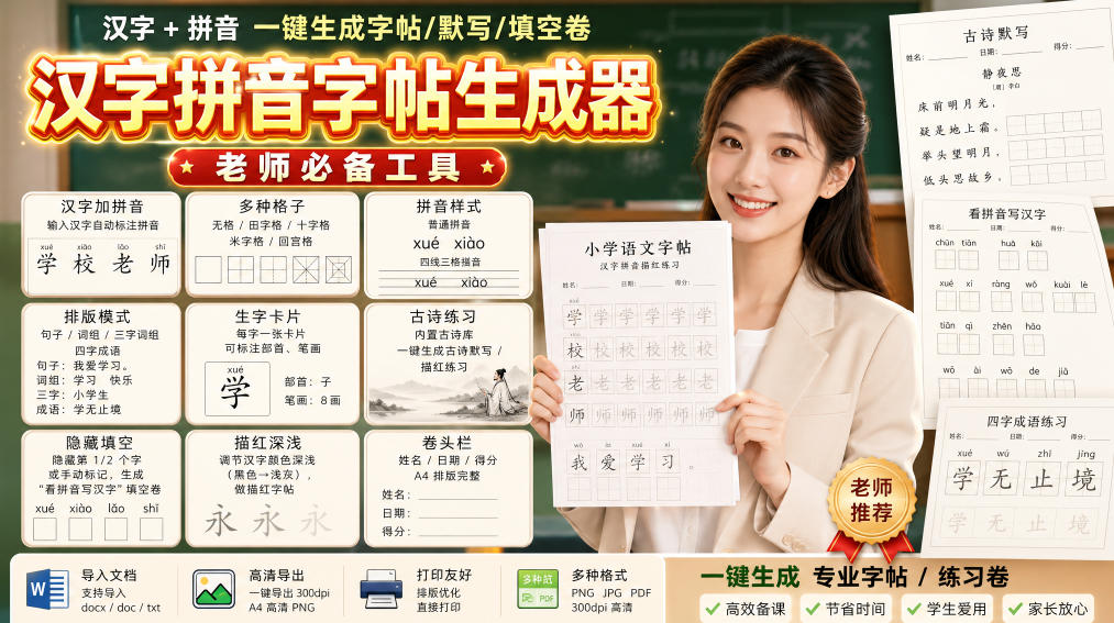 学习神器，汉字拼音字帖生成器，汉字+拼音 一键生成字帖/默写/填空卷，支持词组、成语，老师、家长必备-创学资源站
