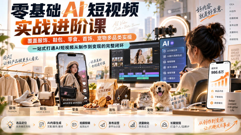 零基础AI短视频实战进阶课，覆盖服饰、鞋包、零食、首饰、宠物多品类实操，一站式打通AI短视频从制作到变现的完整闭环-创学资源站