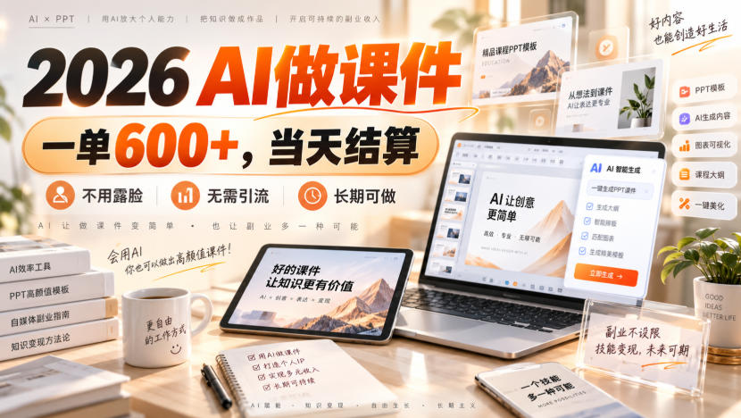 2026 AI做课件，一单600+，当天结算，不用露脸，无需引流，长期可做【揭秘】-创学资源站