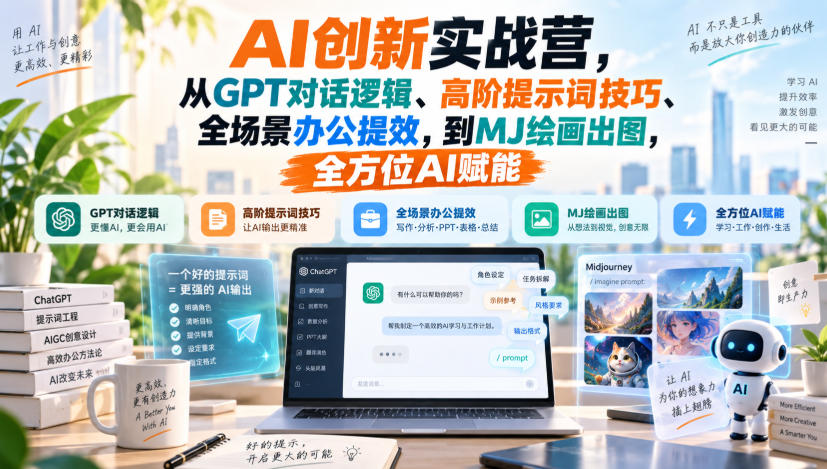 AI创新实战营，从GPT对话逻辑、高阶提示词技巧、全场景办公提效，到MJ绘画出图，全方位AI赋能-创学资源站