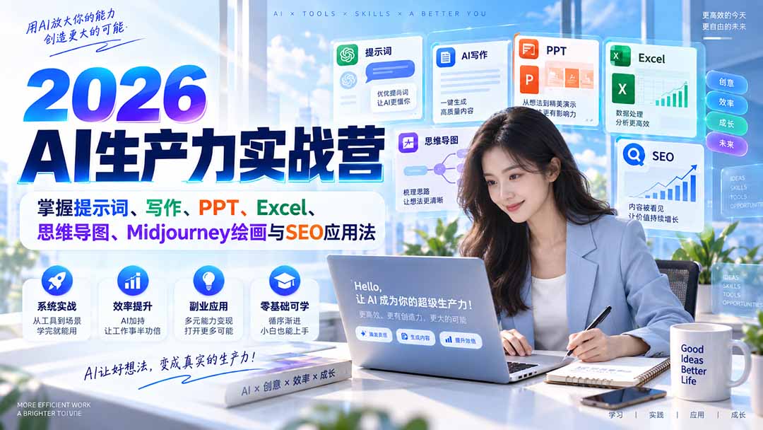 2026AI生产力实战营：掌握提示词、写作、PPT、Excel、思维导图、Midjourney绘画与SEO应用法-创学资源站