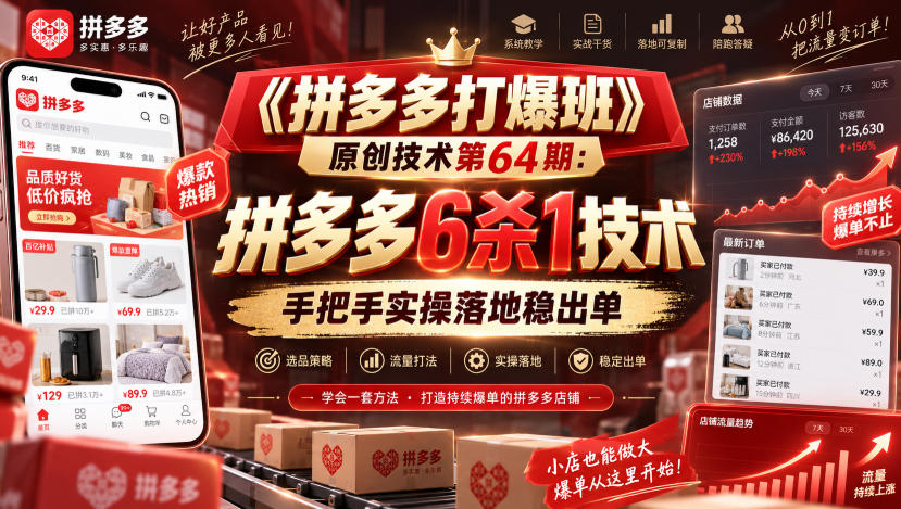 《拼多多打爆班》原创技术第64期:拼多多6杀1技术,手把手实操落地稳出单-创学资源站