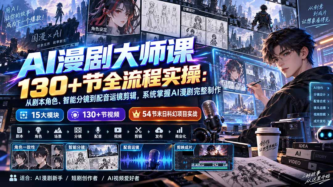 AI漫剧大师课130+节全流程实操：从剧本角色、智能分镜到配音运镜剪辑，系统掌握AI漫剧完整制作-创学资源站