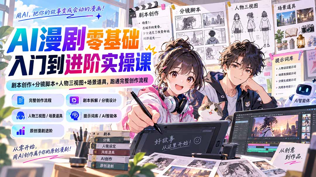 AI漫剧零基础入门到进阶实操课：剧本创作+分镜脚本+人物三视图+场景道具，跑通完整创作流程-创学资源站