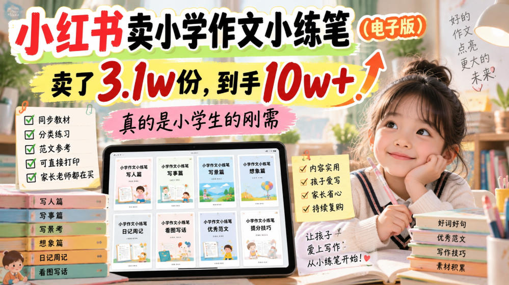 小红书卖小学作文小练笔(电子版),卖了3.1w份,到手10w+,真的是小学生的刚需-创学资源站