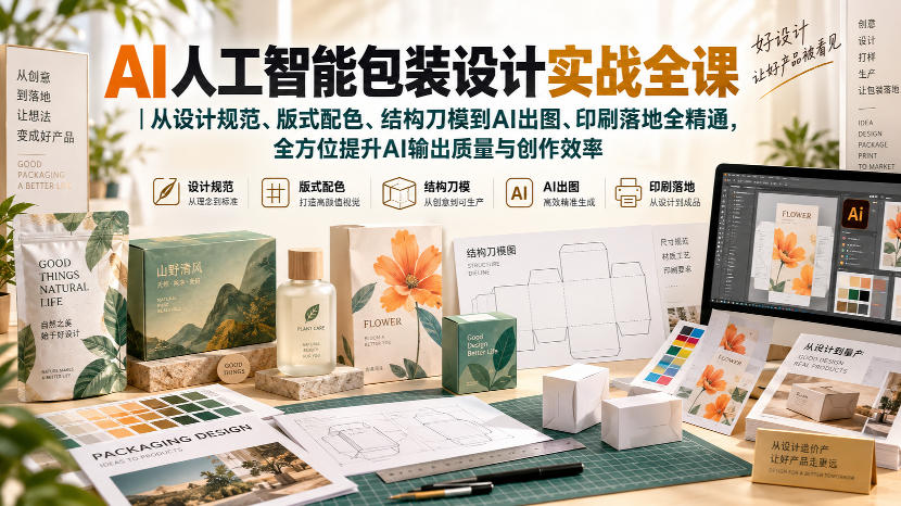 AI人工智能包装设计实战全课|从设计规范、版式配色、结构刀模到AI出图、印刷落地全精通-创学资源站