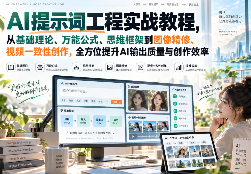 AI提示词工程实战教程，从基础理论、万能公式、思维框架到图像精修、视频一致性创作，全方位提升AI输出质量与创作效率-创学资源站