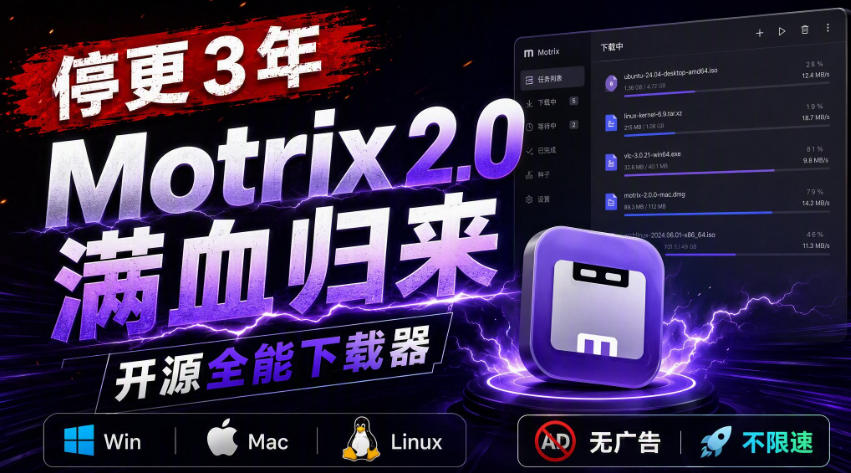 停更3年，Motrix 2.0满血归来：开源全能下载器，Win/Mac/Linux通吃，无广告不限速-创学资源站