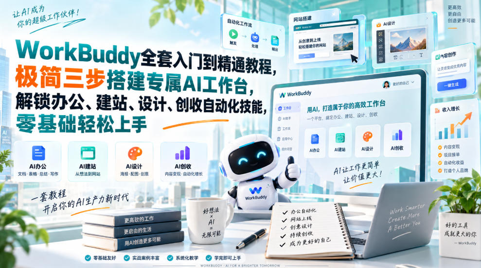 WorkBuddy全套入门到精通教程,极简三步搭建专属AI工作台,解锁办公、建站、设计、创收自动化技能,零基础轻松上手-创学资源站