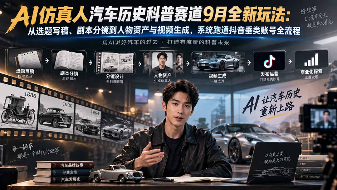 AI仿真人汽车历史科普赛道9月全新玩法：从选题写稿、剧本分镜到人物资产与视频生成，系统跑通抖音垂类账号全流程-创学资源站