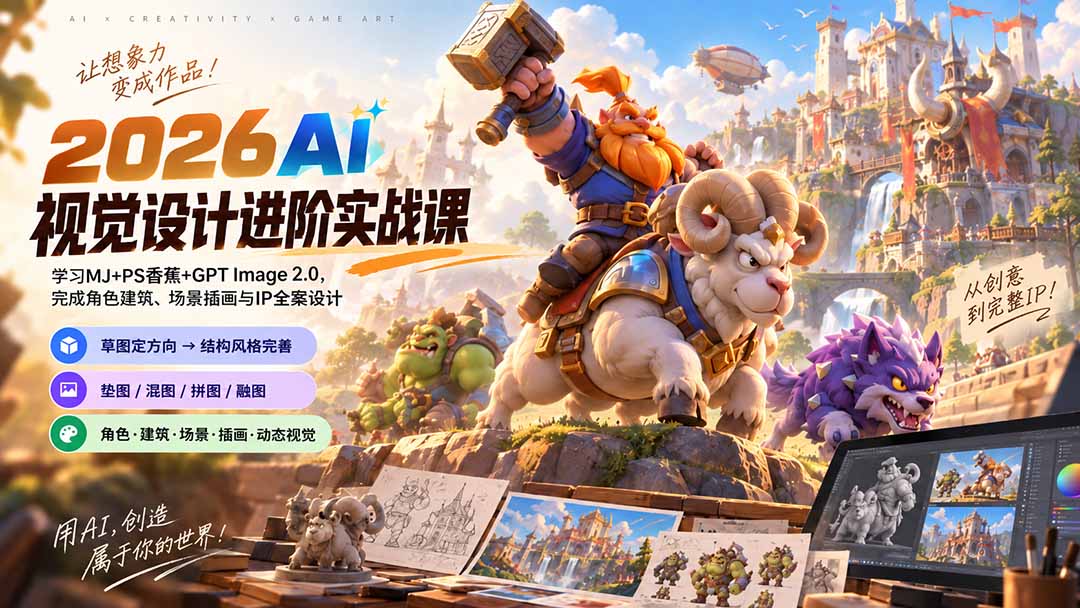 2026AI视觉设计进阶实战课-更新:学习MJ+PS香蕉+GPT Image 2.0,完成角色建筑、场景插画与IP全案设计-创学资源站