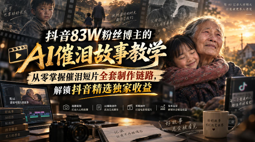 抖音83W粉丝博主的AI催泪故事教学，从零掌握催泪短片全套制作链路，解锁抖音精选独家收益-创学资源站