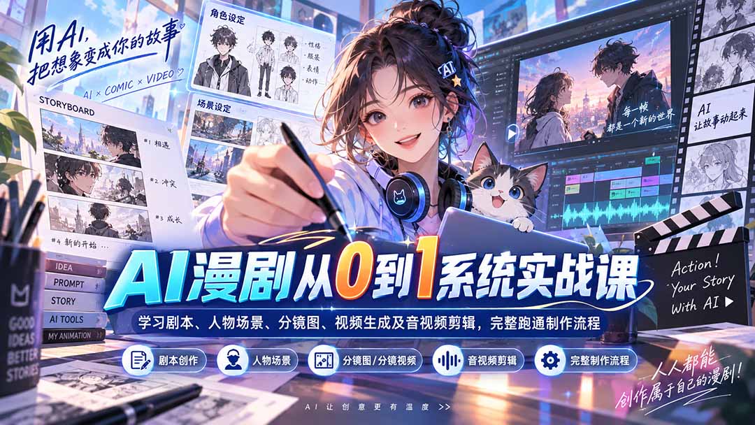 AI漫剧从0到1系统实战课:学习剧本、人物场景、分镜图、视频生成及音视频剪辑,完整跑通制作流程-创学资源站
