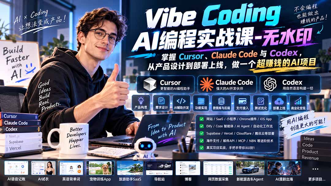 Vibe Coding AI编程实战课-无水印:掌握Cursor、Claude Code与Codex,从产品设计到部署上线,做一个超赚钱的AI项目-创学资源站