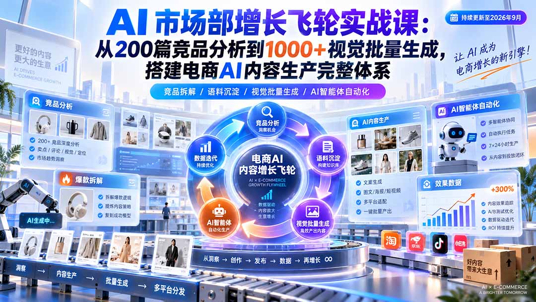 AI 市场部增长飞轮实战课：从200篇竞品分析到1000+视觉批量生成，搭建电商AI内容生产完整体系-创学资源站
