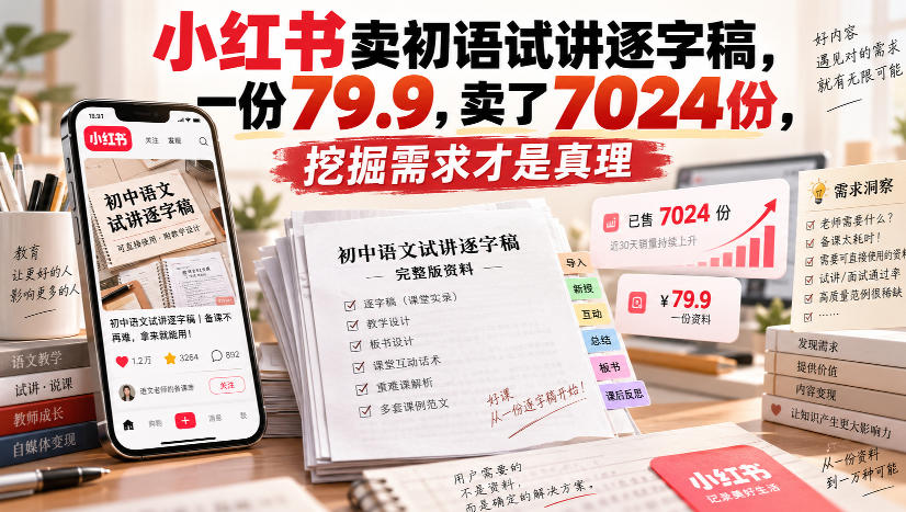 小红书卖初语试讲逐字稿,一份79.9,卖了7024份,挖掘需求才是真理-创学资源站