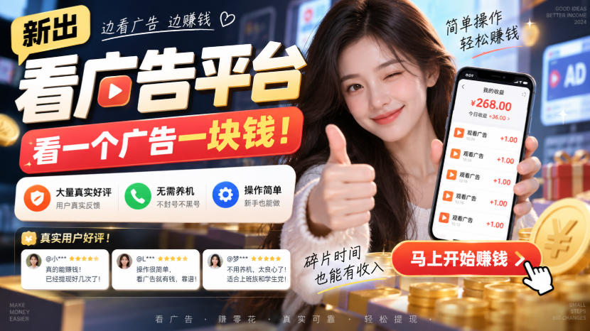 新出看广告平台，看一个广告一块钱，大量真实好评！无需养机、不会黑号，操作简单【揭秘】-创学资源站