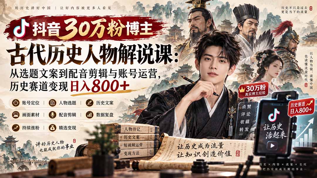 抖音30万粉博主古代历史人物解说课：从选题文案到配音剪辑与账号运营，历史赛道变现日入800+-创学资源站