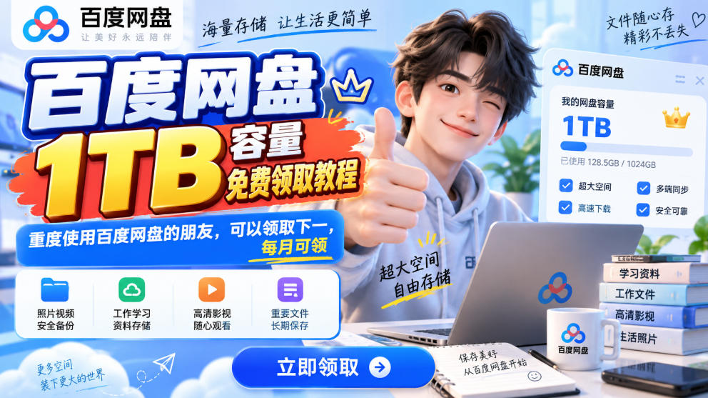 百度网盘1TB容量免费领取教程,重度使用百度网盘的朋友,可以领取下一,每月可领-创学资源站