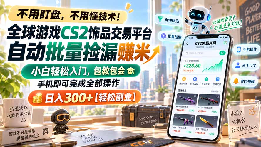 全球游戏CS2饰品交易平台自动批量捡漏赚米，小白轻松入门，包教包会，手机即可完成全部操作，日入300+【轻松副业】-创学资源站