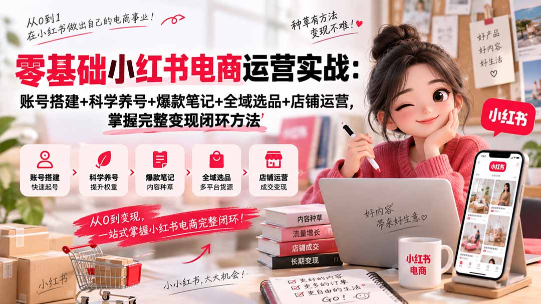 零基础小红书电商运营实战:账号搭建+科学养号+爆款笔记+全域选品+店铺运营,掌握完整变现闭环方法-创学资源站