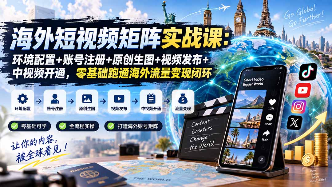 海外短视频矩阵实战课：环境配置+账号注册+原创生图+视频发布+中视频开通，零基础跑通海外流量变现闭环-创学资源站