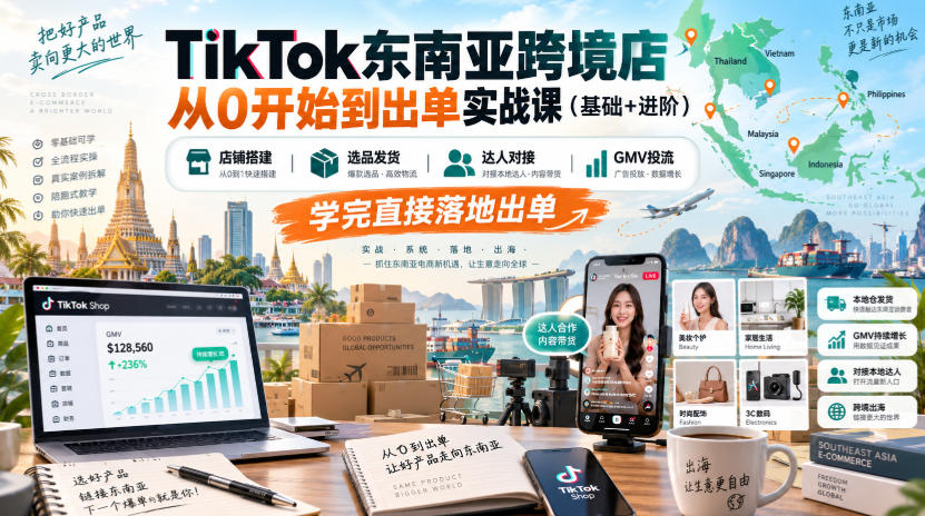 TikTok东南亚跨境店从0开始到出单实战课(基础+进阶)，店铺搭建、选品发货、达人对接、GMV投流，学完直接落地出单-创学资源站