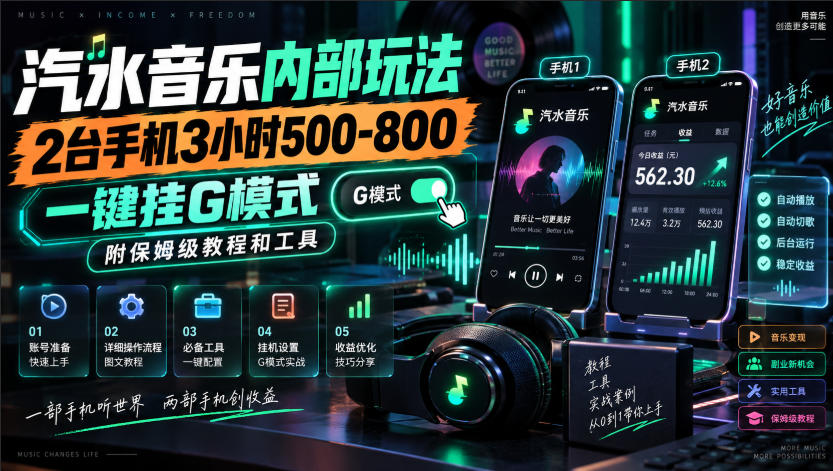 汽水音乐内部玩法，2台手机3小时500-800，一键挂G模式，附保姆级教程和工具【揭秘】-创学资源站