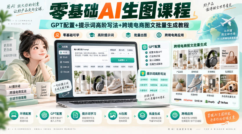 零基础AI生图课程,GPT配置+提示词高阶写法+跨境电商图文批量生成教程-创学资源站