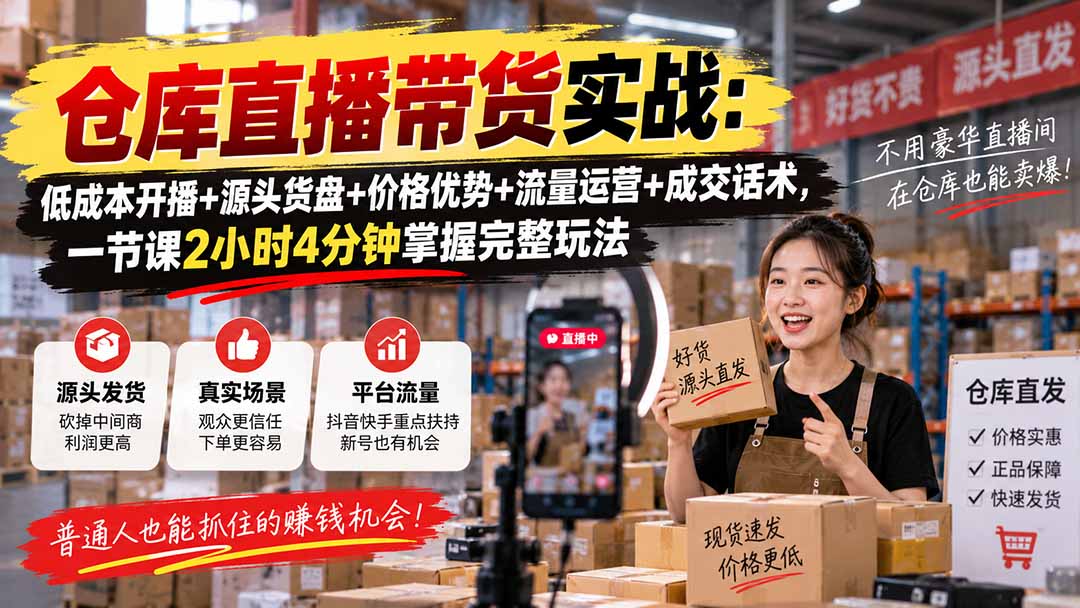 仓库直播带货实战：低成本开播+源头货盘+价格优势+流量运营+成交话术，一节课2小时4分钟掌握完整玩法-创学资源站