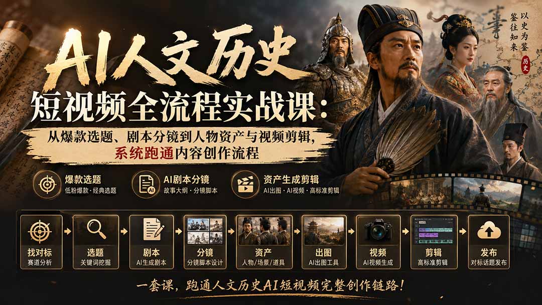 AI人文历史短视频全流程实战课-更新:从爆款选题、剧本分镜到人物资产与视频剪辑,系统跑通内容创作流程-创学资源站