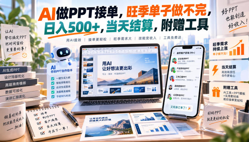 AI做PPT接单，旺季单子做不完，日入500+，当天结算，附赠工具【揭秘】-创学资源站