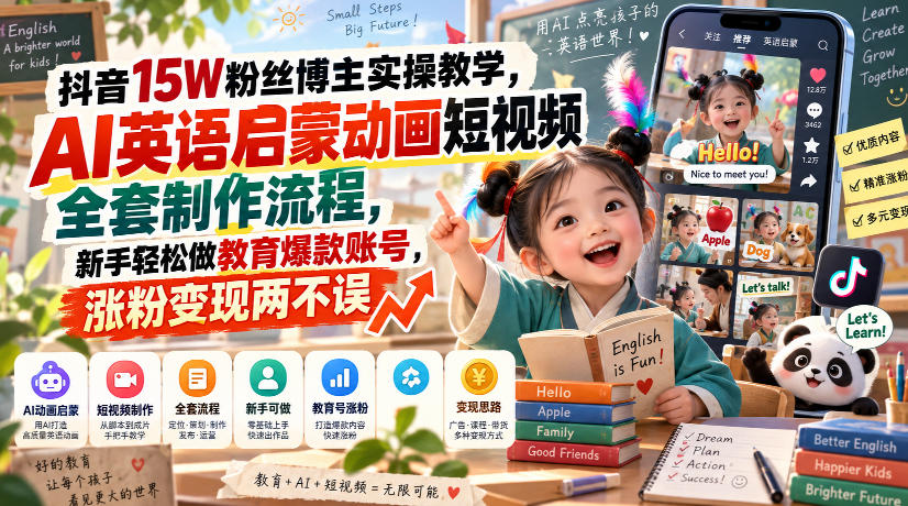 抖音15W粉丝博主实操教学,AI英语启蒙动画短视频全套制作流程,新手轻松做教育爆款账号,涨粉变现两不误-创学资源站