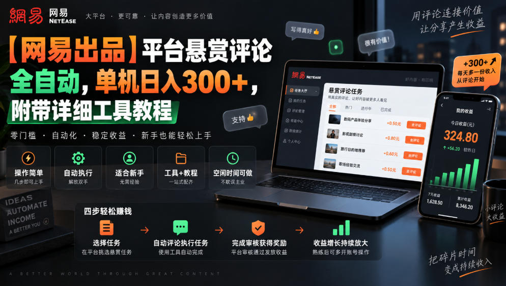 【网易出品】平台悬赏评论全自动，单机日入300+，附带详细工具教程【揭秘】-创学资源站