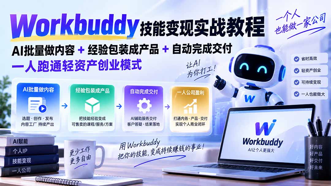Workbuddy技能变现实战教程：AI批量做内容+经验包装成产品+自动完成交付，一人跑通轻资产创业模式-创学资源站