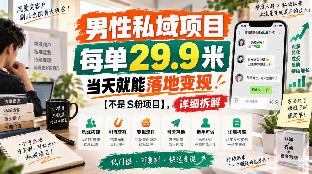 男性私域项目，每单29.9米，当天就能落地变现【不是S粉项目】，详细拆解-创学资源站