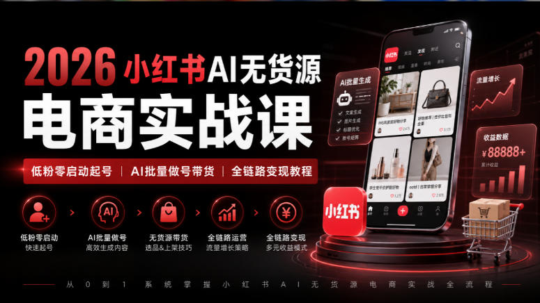2026小红书AI无货源电商实战课|低粉零启动起号|AI批量做号带货全链路变现教程-创学资源站