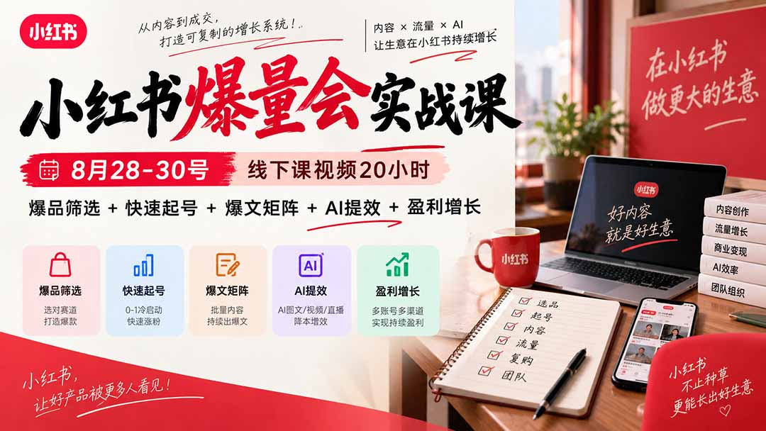 小红书爆量会实战课-更新9月17:线下课视频20小时,爆品筛选+快速起号+爆文矩阵+AI提效+盈利增长-创学资源站