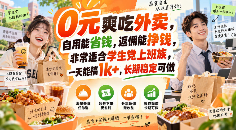 0元爽吃外卖,自用能省钱,返佣能挣钱,非常适合学生党上班族,一天能搞1k+,长期稳定可做-创学资源站