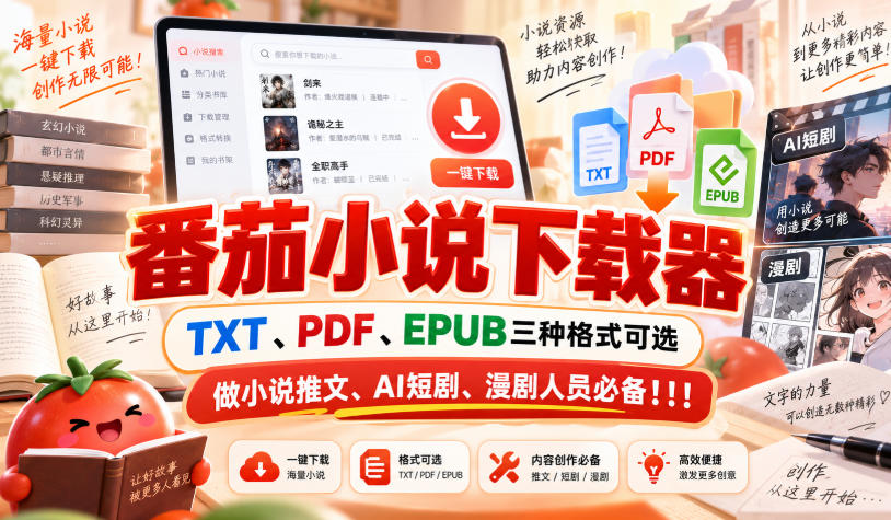 番茄小说下载器,TXT、PDF、EPUB三种格式可选,做小说推文、AI短剧、漫剧人员必备!!!-创学资源站